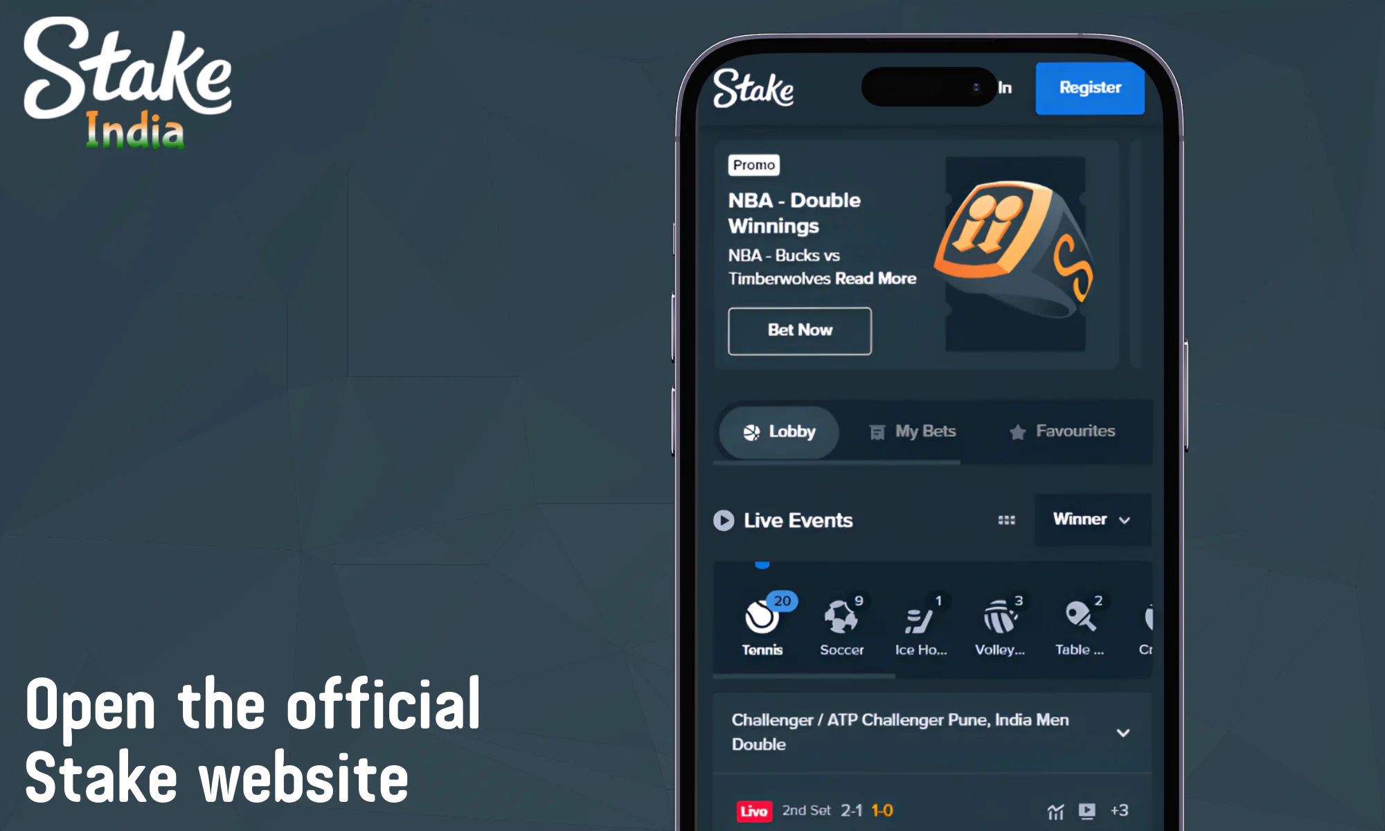 Open a mobile browser and go to the official website Stake